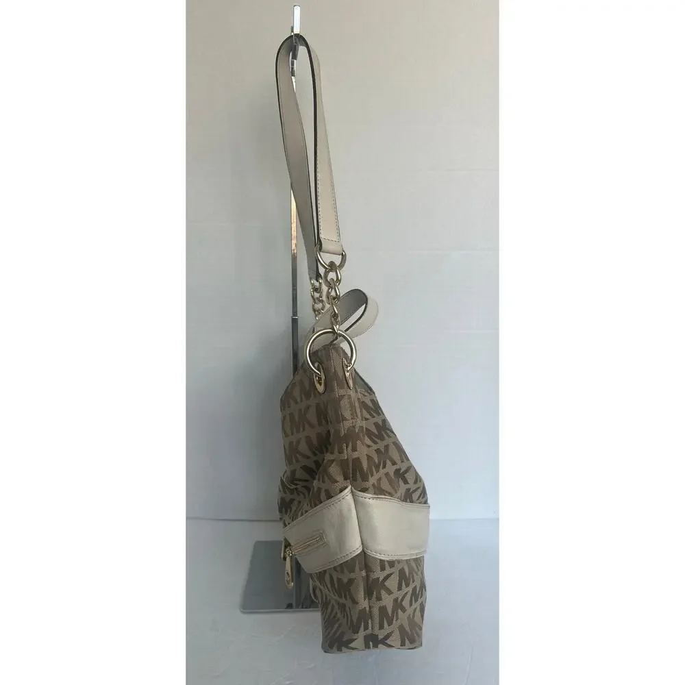 Michael Kors Signature Brown Canvas with‎ White Leather Shoulder/Hand Bag Purse